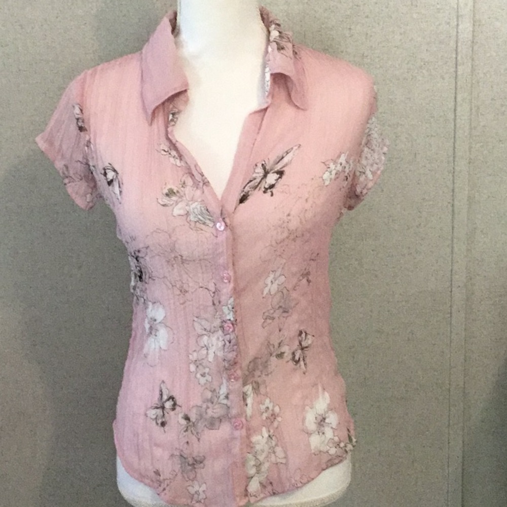 Pink flowered buttoned up top, brand Anxiety